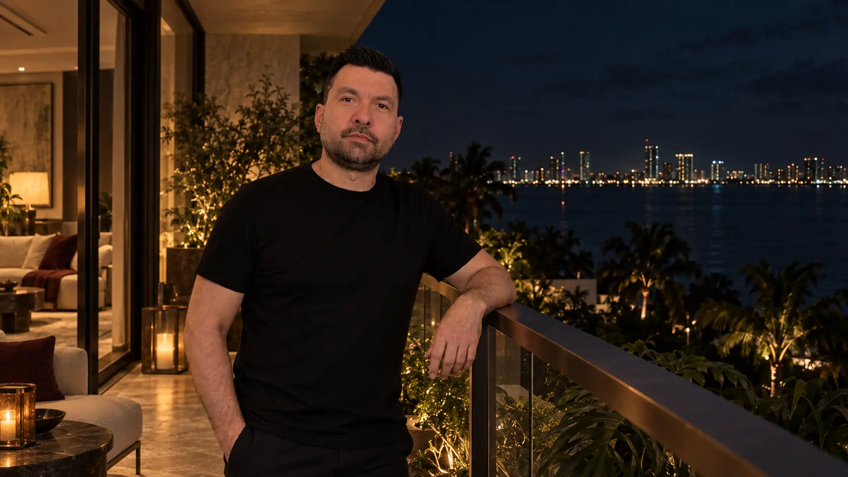 Diego Sarmiento on the terrace of a Miami apartment at night.