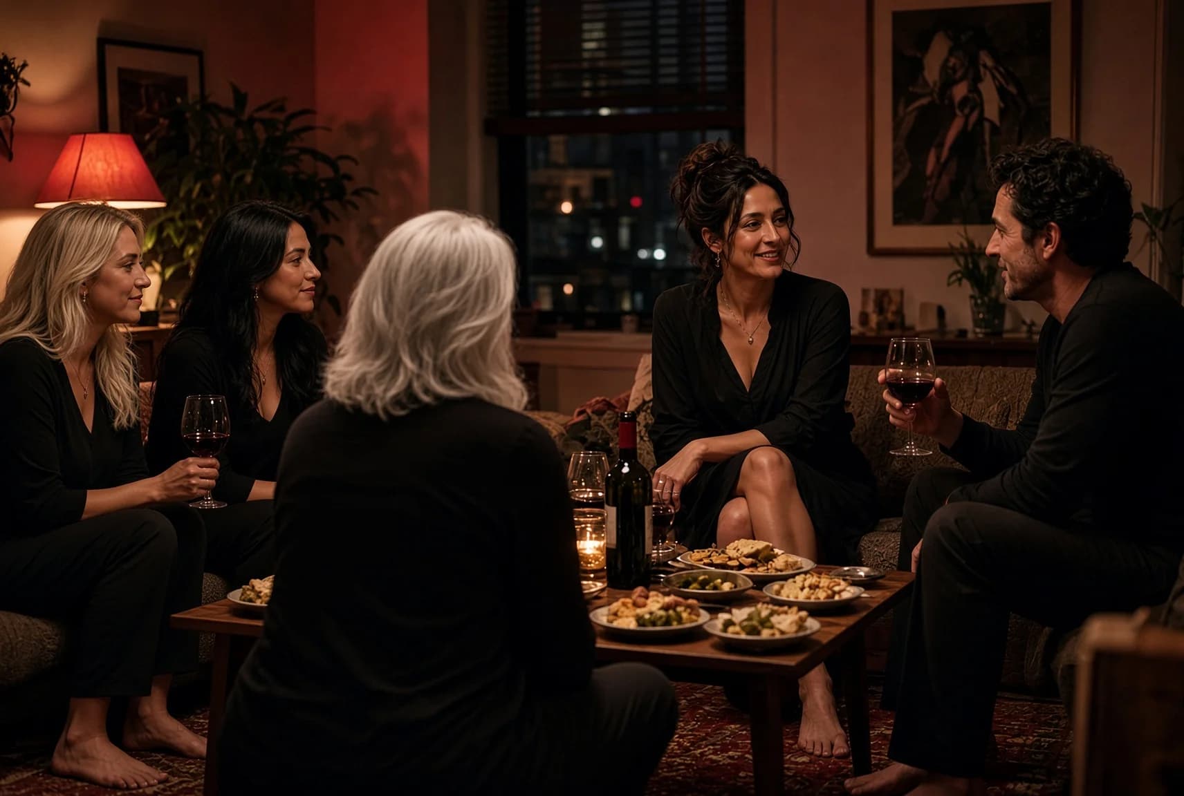 Five people share wine and food around a low table in a warmly lit living room at night.