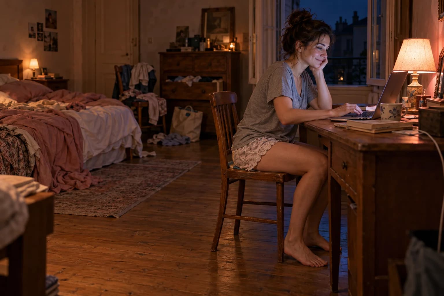 A smiling woman at her laptop in a bedroom, with warm light at dusk.