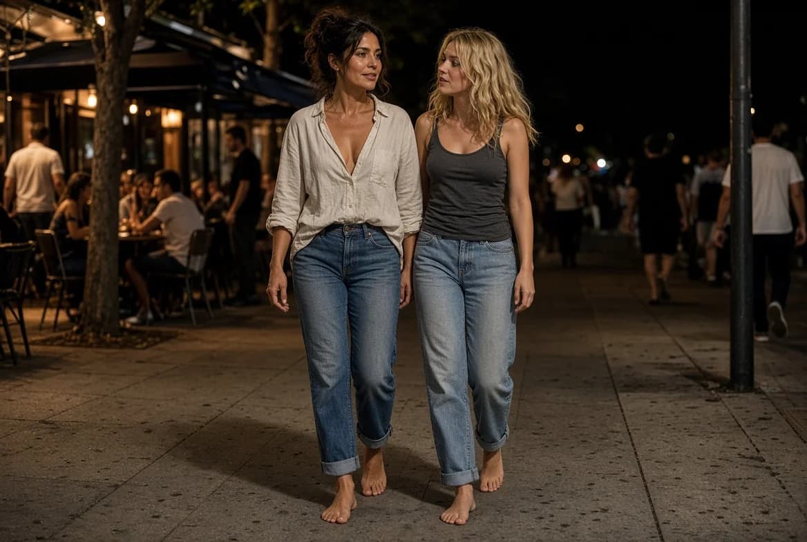 Two barefoot women walk together along a street lined with illuminated restaurants at night.
