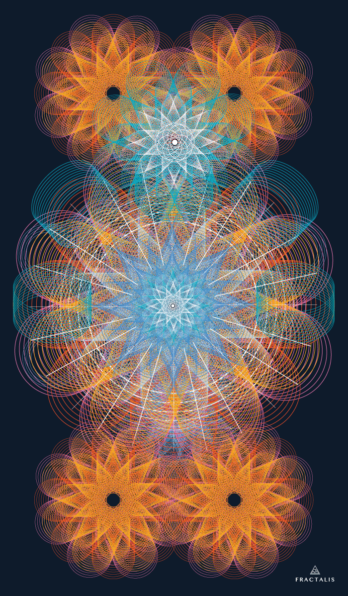 Seas, a vertical artwork by Kharolys Naranjo: blue, turquoise and orange circular geometries on a dark blue ground.