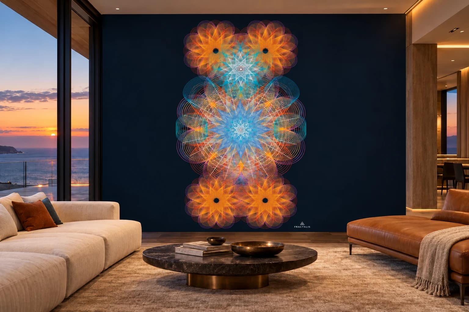 Conceptual visualization of Seas as a mural on a blue wall, between beige sofas and windows overlooking the sea at sunset.