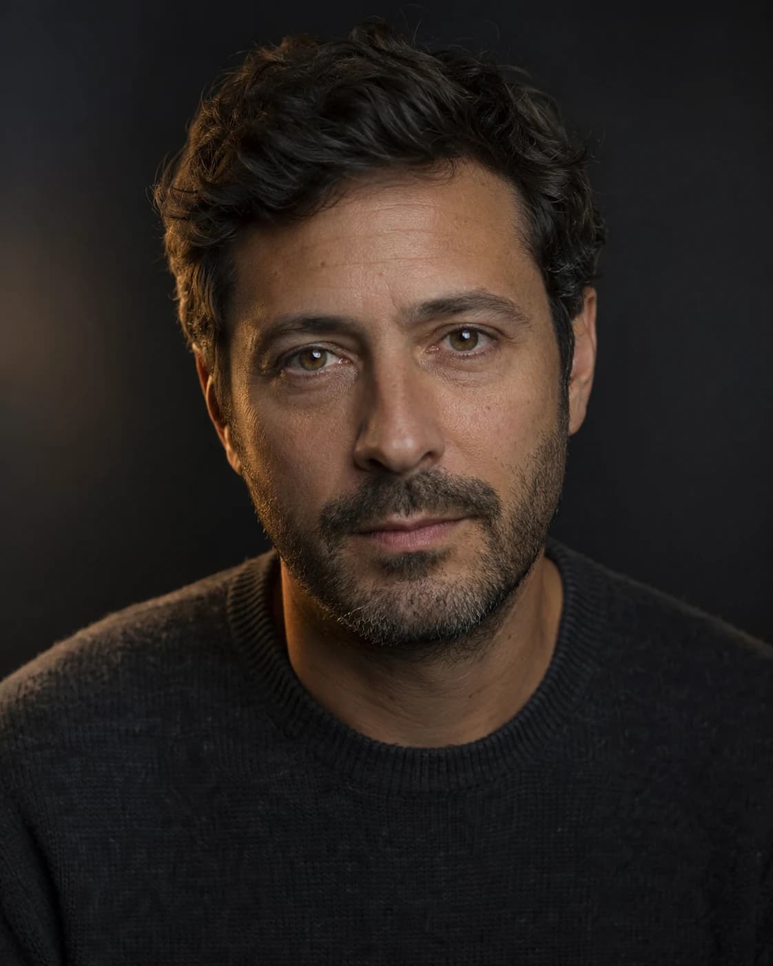 Referencia del rostro de Elías: hombre de pelo oscuro y barba, con suéter oscuro, en un interior con luz cálida.