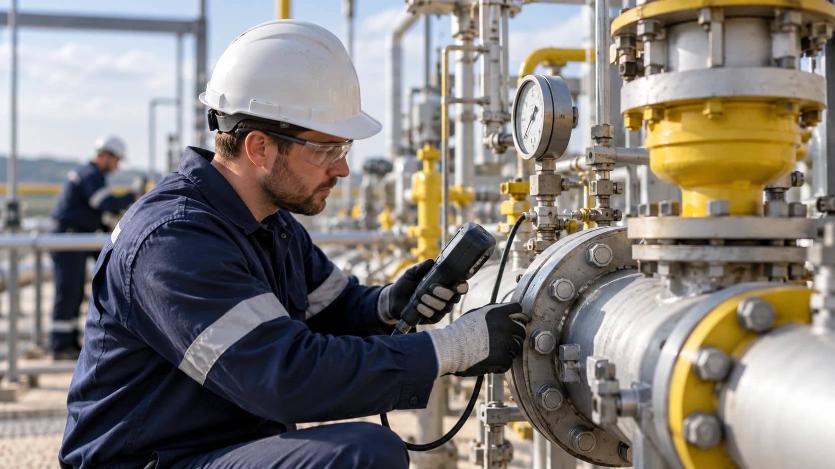 Two technicians inspect equipment and piping at an industrial facility.