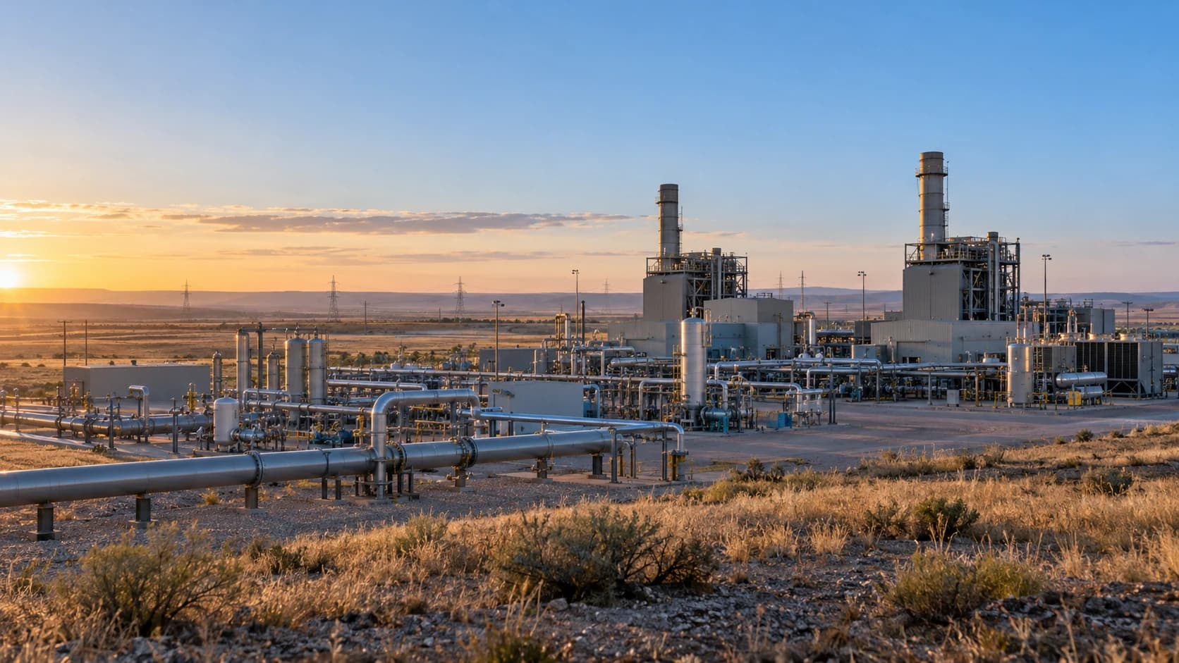 Editorial view of an industrial facility with piping, generation equipment and power lines at dawn.